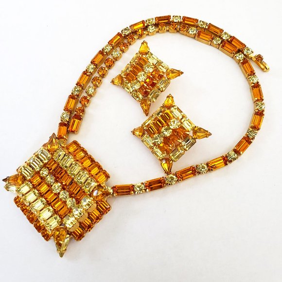 Vintage KRAMER OF NEW YORK Art Deco Yellow Orange Rhinestone Necklace Earrings - Picture 2 of 14